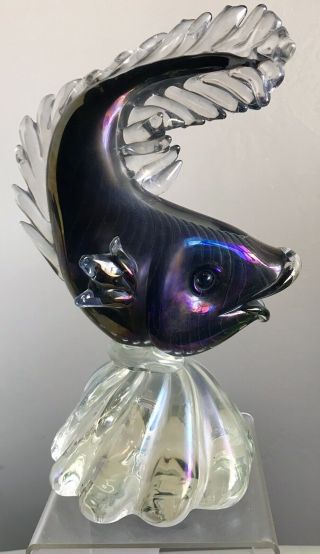 Vintage Murano Glass Fish Sculpture Alfredo Barbini Vamsa Black Sfumato Iridato