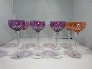 8 Vintage Best Quality English Cut And Etched Multi Color Cordial Glasses
