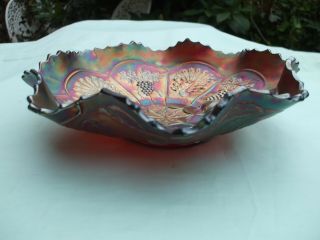 Carnival Glass.  Fenton RED Peacock & Grape Collar Base Bowl.  Stunning Piece In VGC 7