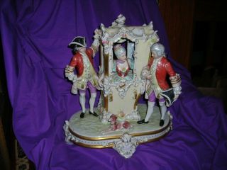 Huge Antique Pink Triangle Royal Dux Carriage Scene Dog 16x14x8