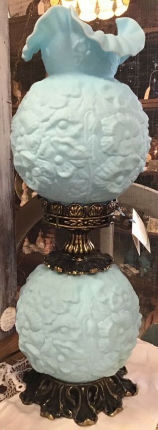 Vintage Fenton Blue Satin Poppy Double Ball Lamp 2