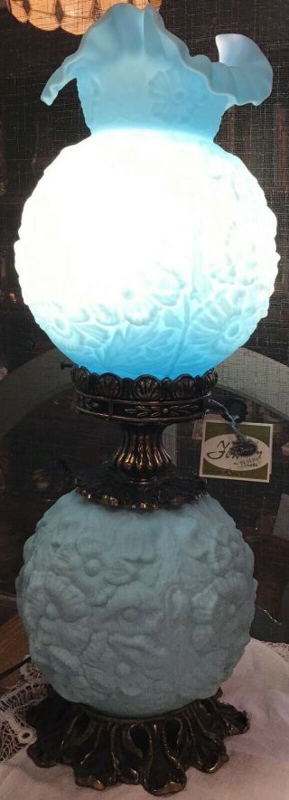 Vintage Fenton Blue Satin Poppy Double Ball Lamp 3