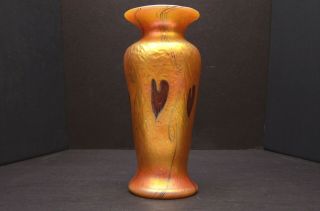 Lundberg Studios Art Glass Vase Iridescent Gold Luster Hearts Signed