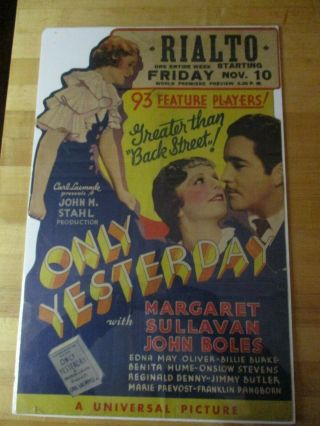 Only Yesterday World Premiere Poster Rialto Theatre Nov 10,  1933 Universal Pict