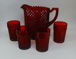 Westmoreland English Hobnail Ruby Red Straight Sided Pitcher And 4 " Glasses (4)