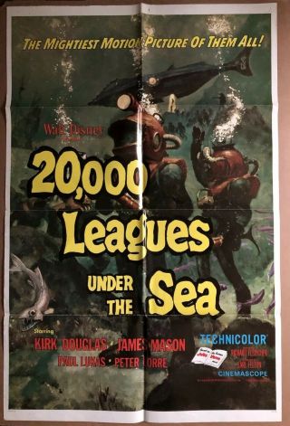 20,  000 Leagues Under The Sea Vintage Poster Re - Release Jules Verne 1971