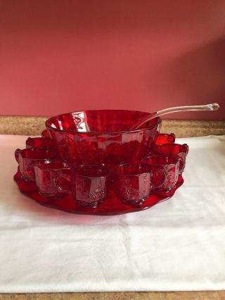 Vintage L.  G.  Wright Glass Ruby Red Paneled Grape Punch Bowl Set