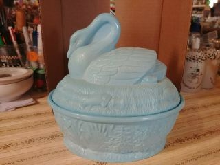 Vintage Blue Milk Glass Swan On A Nest Covered Candy Dish