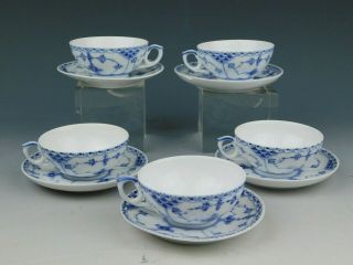 Royal Copenhagen Blue Fluted Full Lace Cup & Saucers Set Of 5