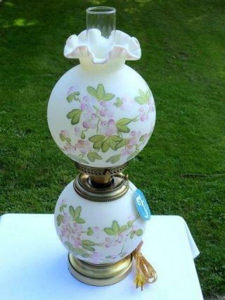 FENTON HAND PAINTED PINK DOGWOOD FLOWERS DOUBLE GLOBE GONE WITH THE WIND LAMP 2