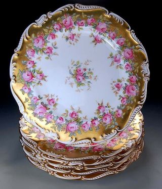 Set 6 Exquisite Antique Coalport Porcelain Cabinet Plates Gold & Pink Roses