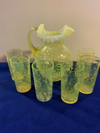 Vaseline Opalescent Glass Daisy And Fern Pitcher And 6 Tall Ice Tea Tumblers