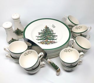 Vintage Spode England Christmas Tree Complete Plate Tea Cup Set - 60 S3324