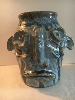 Face Jug By Jim Mcdowell,  Rutile Blue,  Gas Fired,  7.  5 " Tall X 8 " Small Chip