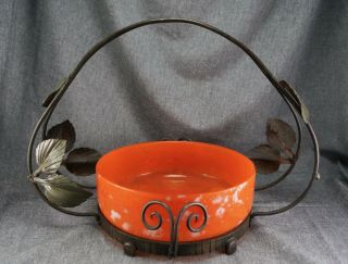 Daum Nancy France Schneider Art Glass Bowl With Wrought Iron Holder