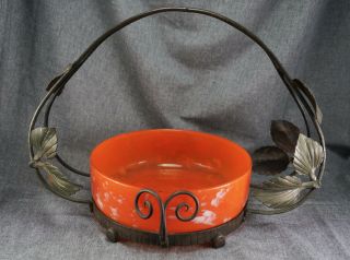 DAUM NANCY France SCHNEIDER Art Glass Bowl with Wrought Iron Holder 3