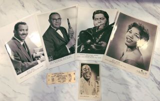 Dad’s Orig 1964 Autographed Louis Armstrong Satchmo Ticket & Band Photo Set