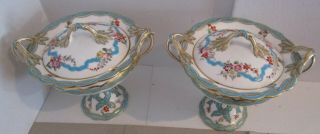 Pair Outstanding Coalport? English Porcelain Floral Bowls W/lids -