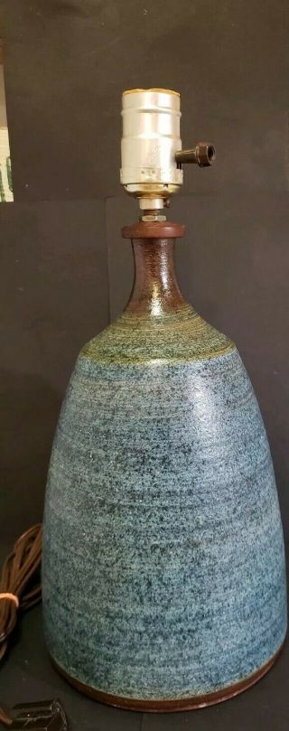 Vintage Mcm Denis Vibert Maine Studio Pottery Table Lamp Blue Teak Neck