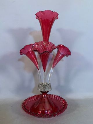 LG Antique CRANBERRY GLASS Old CHRISTMAS TABLE CENTERPIECE Flower Vase EPERGNE 2