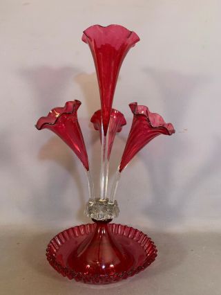 LG Antique CRANBERRY GLASS Old CHRISTMAS TABLE CENTERPIECE Flower Vase EPERGNE 3