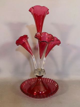 LG Antique CRANBERRY GLASS Old CHRISTMAS TABLE CENTERPIECE Flower Vase EPERGNE 4