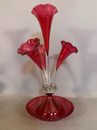 LG Antique CRANBERRY GLASS Old CHRISTMAS TABLE CENTERPIECE Flower Vase EPERGNE 5
