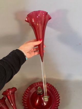 LG Antique CRANBERRY GLASS Old CHRISTMAS TABLE CENTERPIECE Flower Vase EPERGNE 6