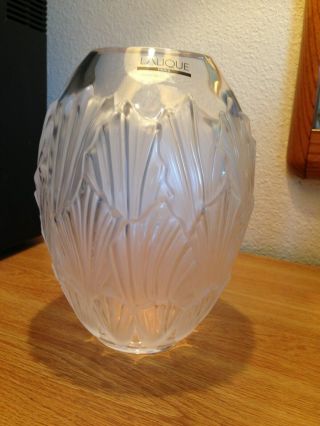 Lalique Frosted And Clear Leaf Shell Design 8 " Vase