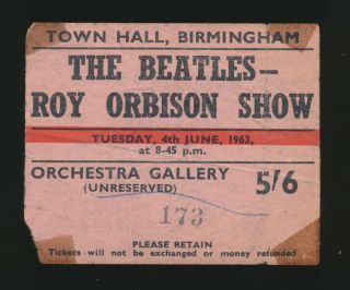 Beatles Rare Uk Concert Ticket Stub For The Beatles / Roy Orbison Show June 63