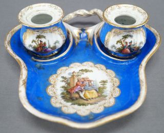 Helena Wolfsohn Dresden Hand Painted Watteau Courting Couple Blue Double Inkwell