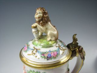 Antique Capodimonte Porcelain Stein with Lion Finial Rams Head Handle 2