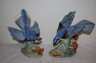 Set Of 2 Large Stangl Blue Jays Pottery Bird Figurines Signed