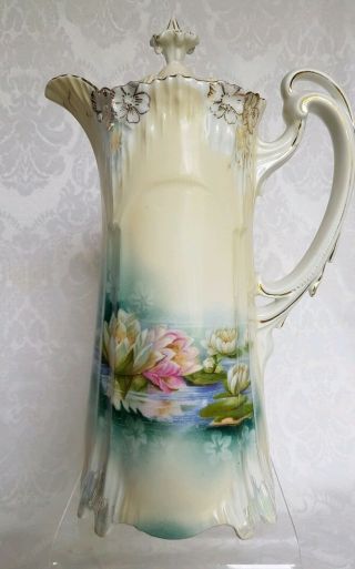 Rare R S Prussia Reflecting Water Lily Chocolate Pot Handpainted,  Footed 10 3/4 "