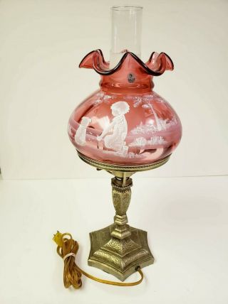 Fenton Cranberry - " Mary Gregory " Student Lamp " Picking Flowers " Limited Ed /950