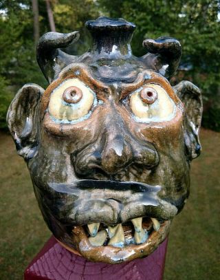 William Bill & Jo Flowers Vampiric Devil Face Jug Southern Folk Pottery NC 2