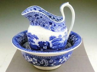 Antique Copeland Spode Blue Tower Wash Pitcher And Bowl Ca 1894