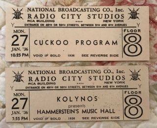 1936 Nbc Radio City Studios 2 Tickets Cuckoo Program & Hammerstein’s Music Hall
