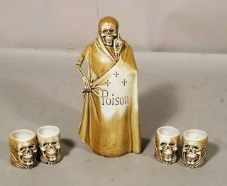 Antique German Schafer & Vater Porcelain Skeleton Macabre Poison Decanter Set
