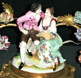 Antique German Art Deco Dresden Courting Couple Ormolu Porcelain Lamp Figurine