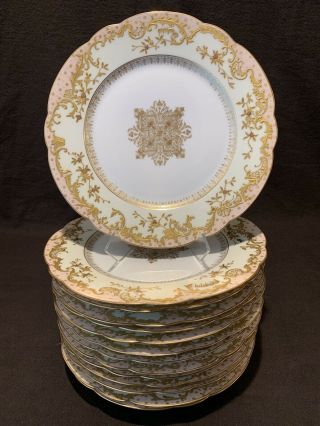 M Redon Limoges Pink Gold Encrusted Dinner Plates Set Of 14 Medallion 9 3/8 " Dia