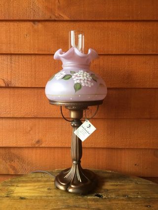 Fenton Art Glass Frosted Hand Painted Floral Pink Hurricane Desk Lamp