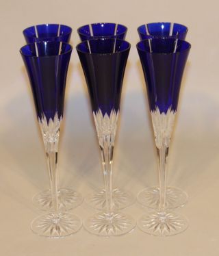 6 Ajka Albinka Castille Cobalt Blue 10 Inch Fluted Champagne Glasses Stems Flute
