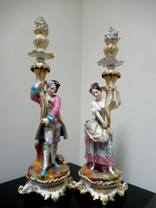 Rare:pair Antique Dresden Germany 17.  5 " Mantel Statues Candle Holders Lady; Gent