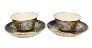 Pair Sevres France Hand Painted Porcelain Cup & Saucers,  Circa 1900