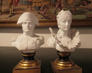 Rare: Pair Antique Sevres France Parian Ware Busts Napoleon Josephine Gilt Base