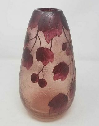 Vintage Legras French Grape Leaves Cameo Art Purple Cranberry 10 " Glass Vase