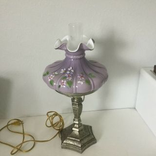 Fenton Violet Overlay Student Lamp,  Hand Painted Lavender Lady