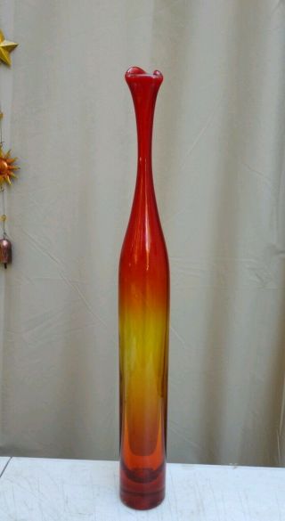 Vintage 1964 Modernist Mcm Tangerine Tall Blenko Art Glass Vase Joel Myers