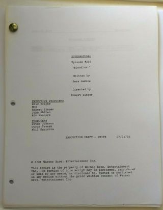 Rare Supernatural Cast & Crew Production Draft Script Screenplay Episode 203